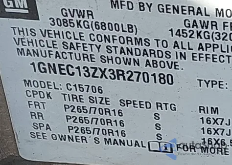 2003 Chevrolet Tahoe Lt z USA, uszkodzony, nr VIN 1GNEC13ZX3R270180